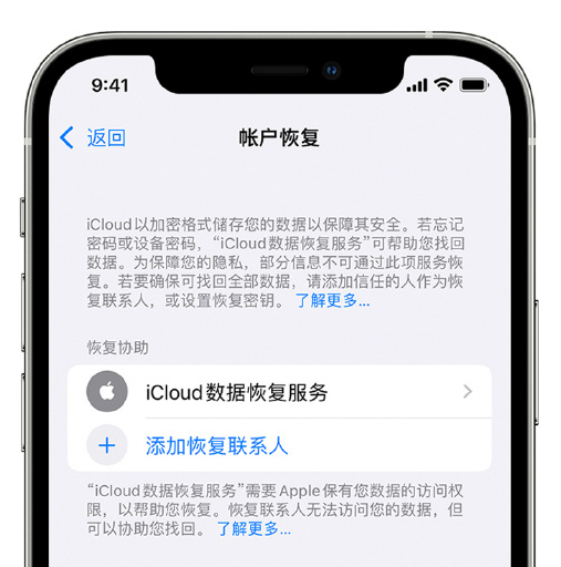 齐河苹果手机维修分享在 iPhone 上设置帐户恢复联系人的方法 