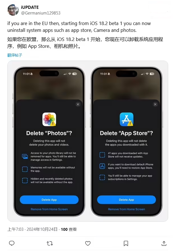 齐河苹果手机维修分享iOS 18.2 支持删除 App Store 应用商店 