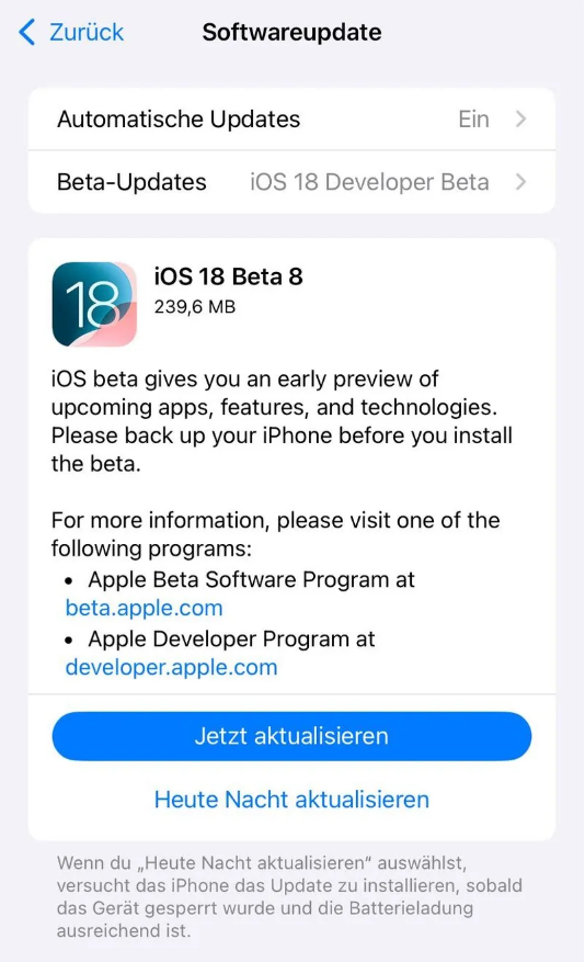 齐河苹果手机维修分享苹果 iOS / iPadOS 18 开发者预览版 Beta 8 发布 